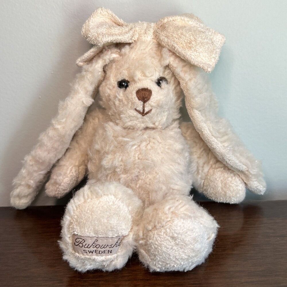 Bukowski Bunny Rabbit Plush Stuffed Animal Ivory Cream Bow Swedish Design 9"
